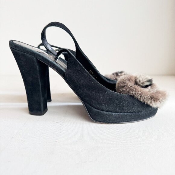 Suede Leather Fur Rosette Detail Peep toe Sling Back Heels 6.5 - Picture 6 of 11
